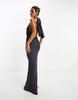 mesh twist bust detail halter maxi dress with tie back neck in charcoal gray
