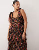 Lace & Beads Plus Bridesmaid Ophelia bow shoulders tulle maxi dress in black floral print
