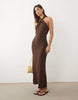 halter open back midi dress with twisted neck detail in chocolate
