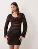 Miss Selfridge crochet long sleeve mini dress with keyhole detail in chocolate