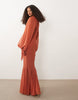 high neck maxi dress with godet hem in rust
