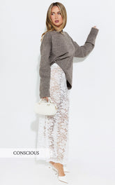 Amanda Top - Crew Neck Long Sleeve Knit Sweater in Mushroom