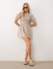 Wednesday's Girl shirred short sleeve mini dress in brown pinstripe