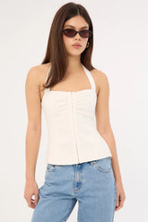 Perfect Stranger Menorca Linen Gathered Halter Top White