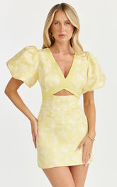 Diana Mini Dress - Jacquard Short Sleeve Cut Out Dress in Lemon