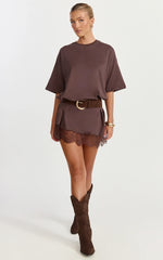 Rina Mini Dress - Mini Lace Trim Dress in Chocolate