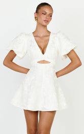Rosalie Mini Dress - Floral Jacquard V Neck Fit and Flare Dress in White