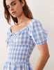 Esmée tie front puff sleeve mini beach dress in blue & white gingham