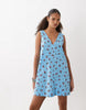 cotton linen v neck smock mini dress in blue floral