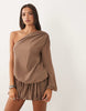 Missy Empire chiffon asymmetric sleeve drape overlay detail bubble hem cutout back detail mini dress in mocha