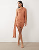 Aria Cove shimmer knit asymmetric shoulder drape detail tie side mini dress in orange