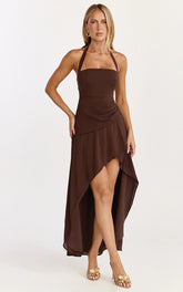 Penelope Maxi Dress - Halter Tie Back Neck Dropped Asymmetric Fit And Flare Dress in Chocolate