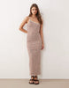 crochet jersey one shoulder maxi dress in brown and white plaid