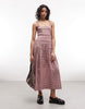 COLLUSION square neck shirred midi dress in pink plaid