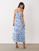 VILA asymmetric frill maxi dress with side split in blue floral print