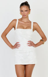 Sienna Mini Dress - Square Neck Floral Embroidered A Line Dress in White