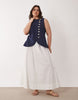 Curve linen blend maxi vest dress with poplin skirt in navy and white
