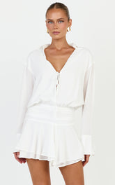 Melanie Mini Dress - Tie Front Long Sleeve Shirt Dress in White