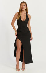 Lani Midi Dress - Scooped Neckline Draped Skirt Halter Dress in Black