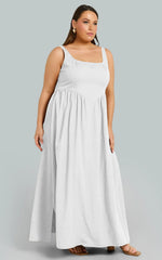 Rhaziya Midi Dress - Sleeveless Straight Neck Fit and Flare Dress in White