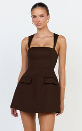 Garrett Mini Dress - Square Neck Fit And Flare Dress in Dark Chocolate