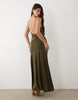 plissé contrast v-neck maxi dress with open back in dark olive