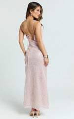 Elysia Midi Dress - Sequin Straight Neck Tie Back Dress in Pale Pink