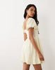 Gina Tricot puff short sleeve flower embroidered mini dress in buttermilk yellow