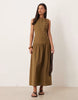 slash neck asymmetric vest maxi sundress with dropped waist in olive