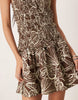 crinkle mini sundress with shirred dropped waist in chocolate shell print
