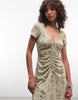 AllSaints Gabby short sleeve gathered floral mesh midi dress in green multi