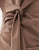 high neck sleeveless ruched knot front midi dress in mocha