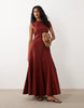poplin square neck dropped waist maxi dress with godets in dark rust
