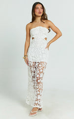 Heather Maxi Dress - Square Neck Strappy Fitted Crochet Column Dress in White