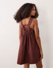 v-neck poplin mini smock sundress with lace overlay in warm chocolate