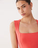 square neck seam detail midi dress in red