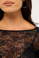 Luck & Trouble Mia Sequin Lace Long Sleeve Top Black