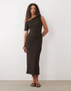 textured jersey off shoulder midi dress in brown