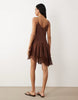 slip lace trim mini dress with asymmetric hem in chocolate