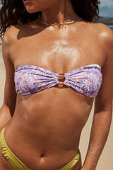 violet floral bandeau bikini top