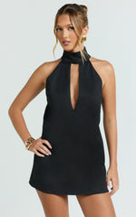 Polly Mini Dress - High Neck Keyhole Shift Dress in Black