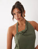 Lioness Moonlight linen rich asymmetric halterneck draped mini dress in khaki