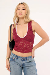 Motel Lihat Top Lace Burgundy With Pink Bind