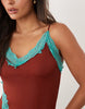 crinkle contrast lace trim midaxi dress in brown and blue