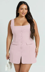 Kenna Mini Dress - Square Neck Button Down Mini Dress in Pink