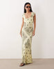 scoop neck bias cut maxi dress in yellow bandana print