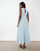 waisted v neck maxi dress with seaming details in steel blue