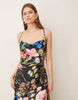 Hope & Ivy satin cowl neck open tie back thigh slit maxi dress in black floral print