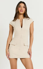 Nina Mini Dress - Zip Front Cap Sleeve Dress in Cream