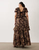 Curve full hem ruffle maxi dress with lace trim detailing and open back in brown floral